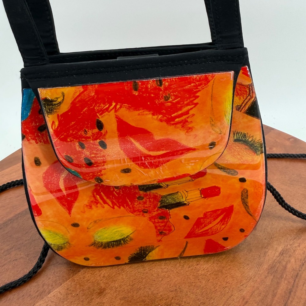 Vintage 90s Angela Frascone Resin Pop Art Makeup Print Crossbody Handbag Womens